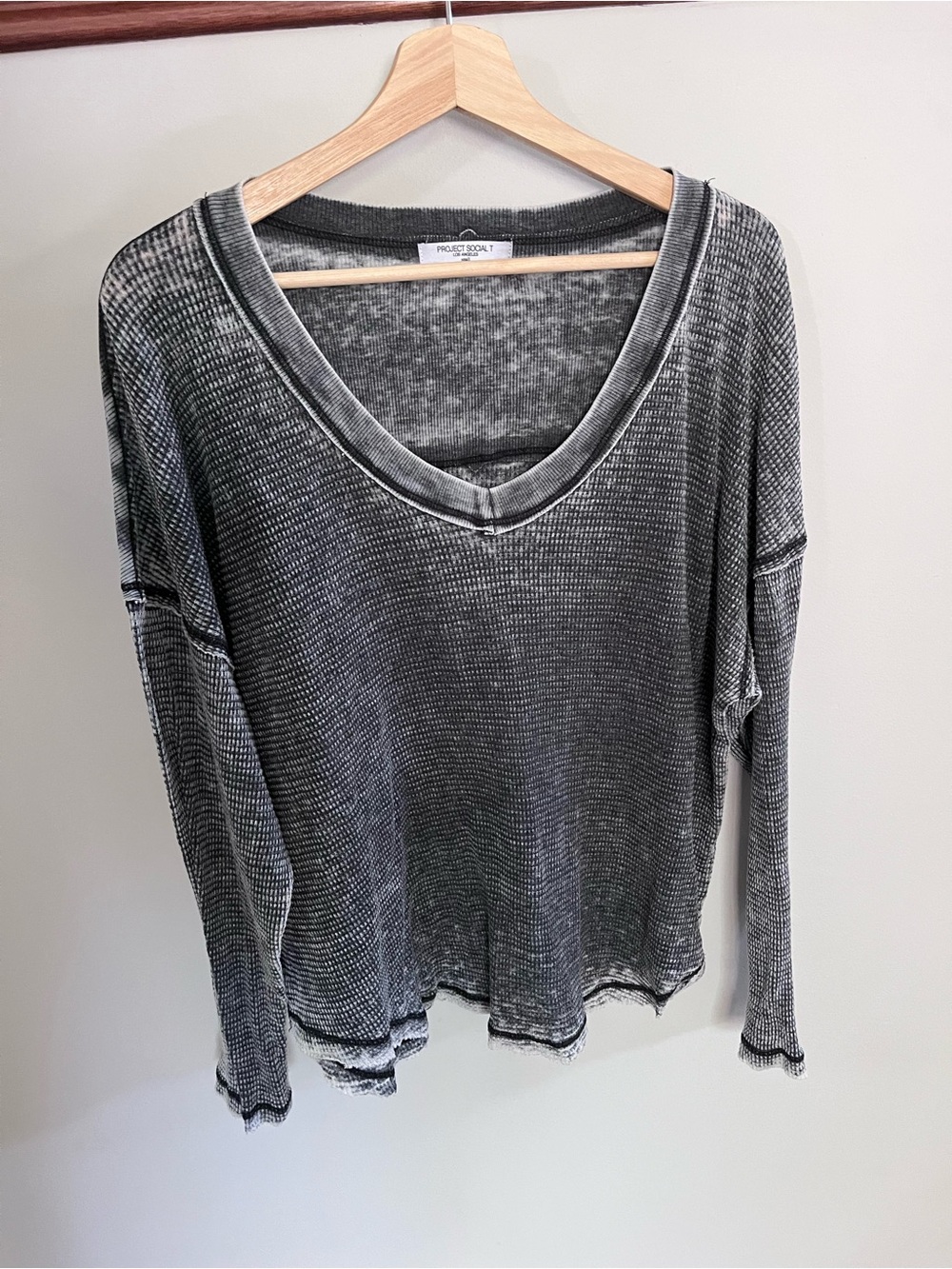 Project Social T Charcoal Grey Acid Wash Thermal V-Neck Top Small 10386-QX